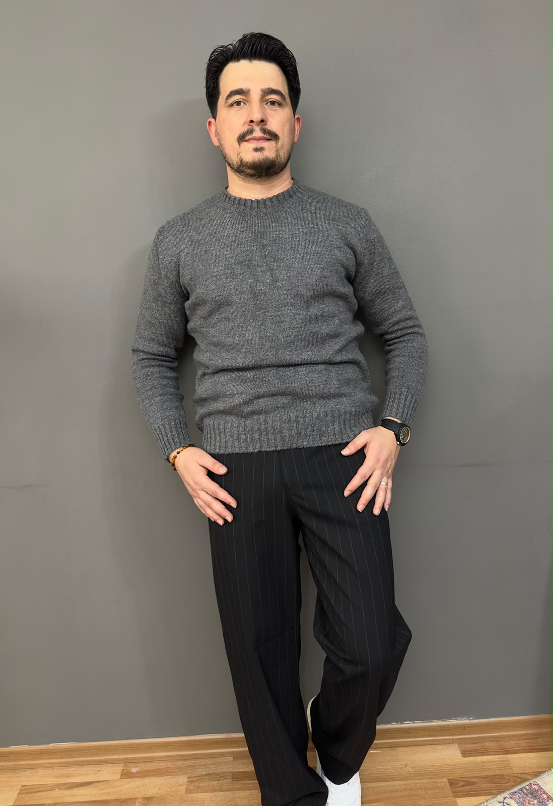 Basic Ribanalı Antrasit Erkek Triko Kazak