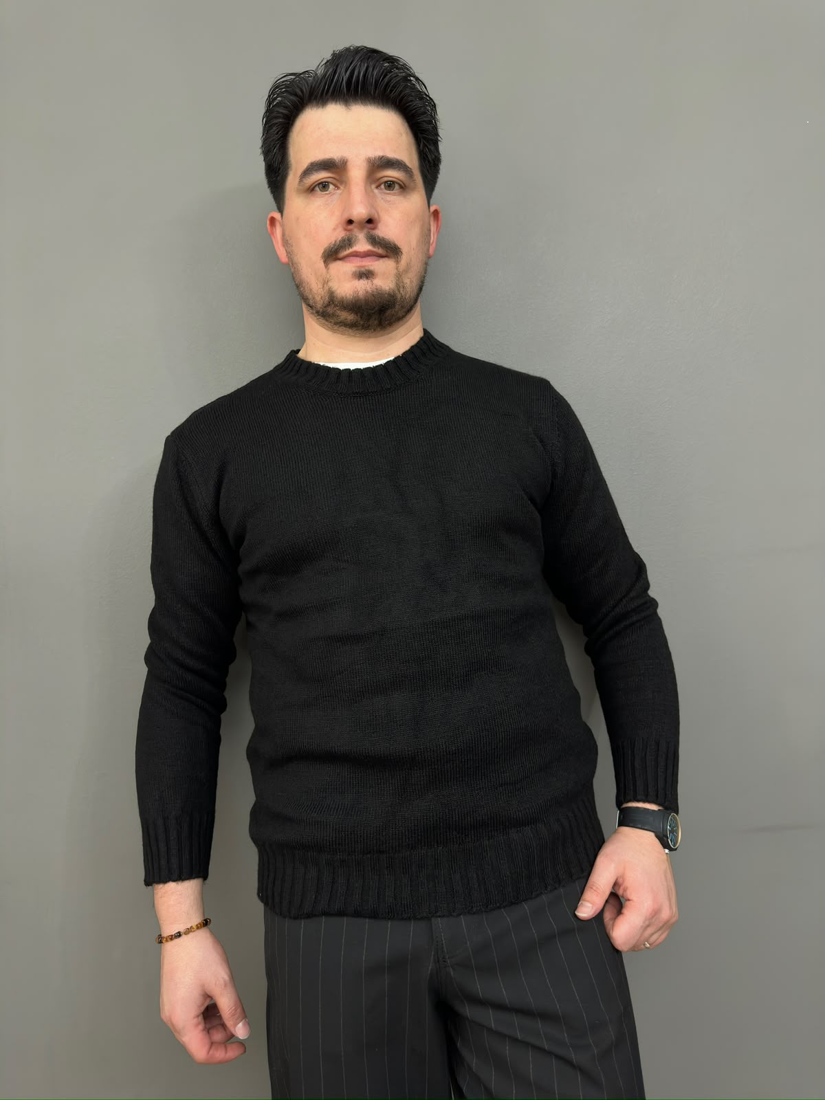Basic Ribanalı Siyah Erkek Triko Kazak