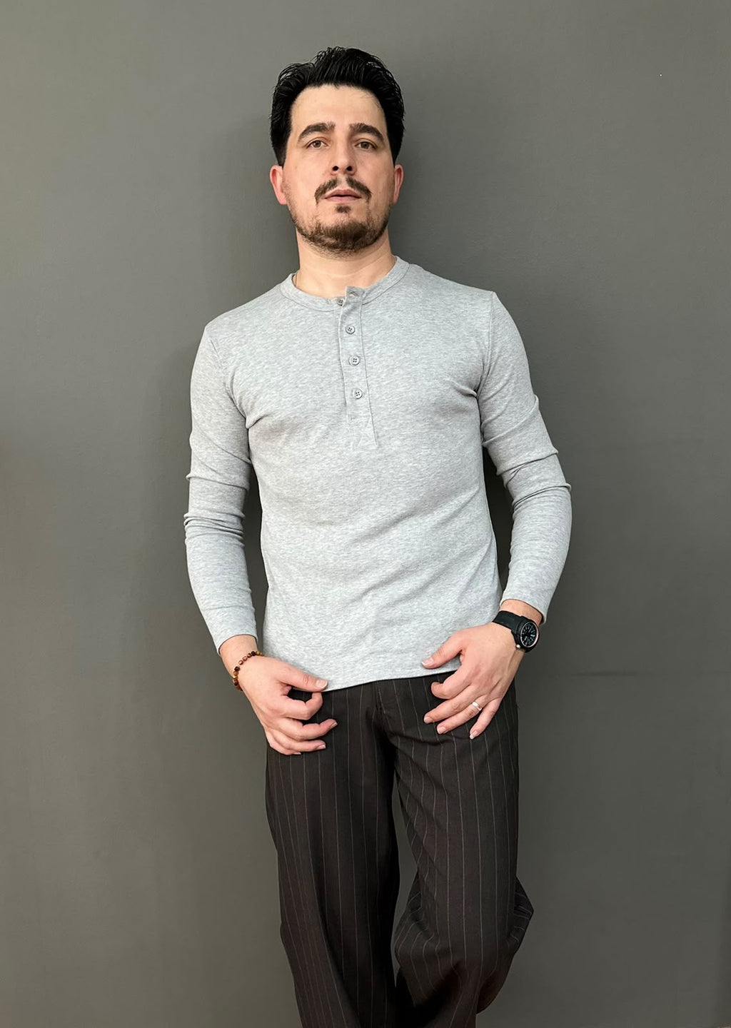 Giesto Gri Yakası Düğmeli Modal Kumaş Sweatshirt