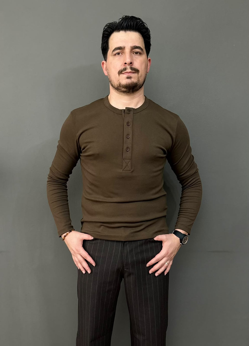 Giesto Kahverengi Yakası Düğmeli Modal Kumaş Sweatshirt