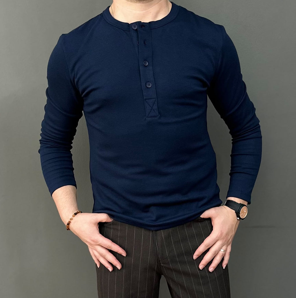 Giesto Lacivert Yakası Düğmeli Modal Kumaş Sweatshirt